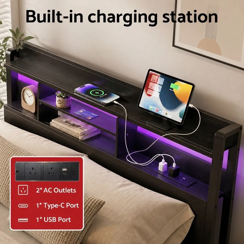 King Bed Frame Metal Base with Charging Station Storage Drawers LED Lights