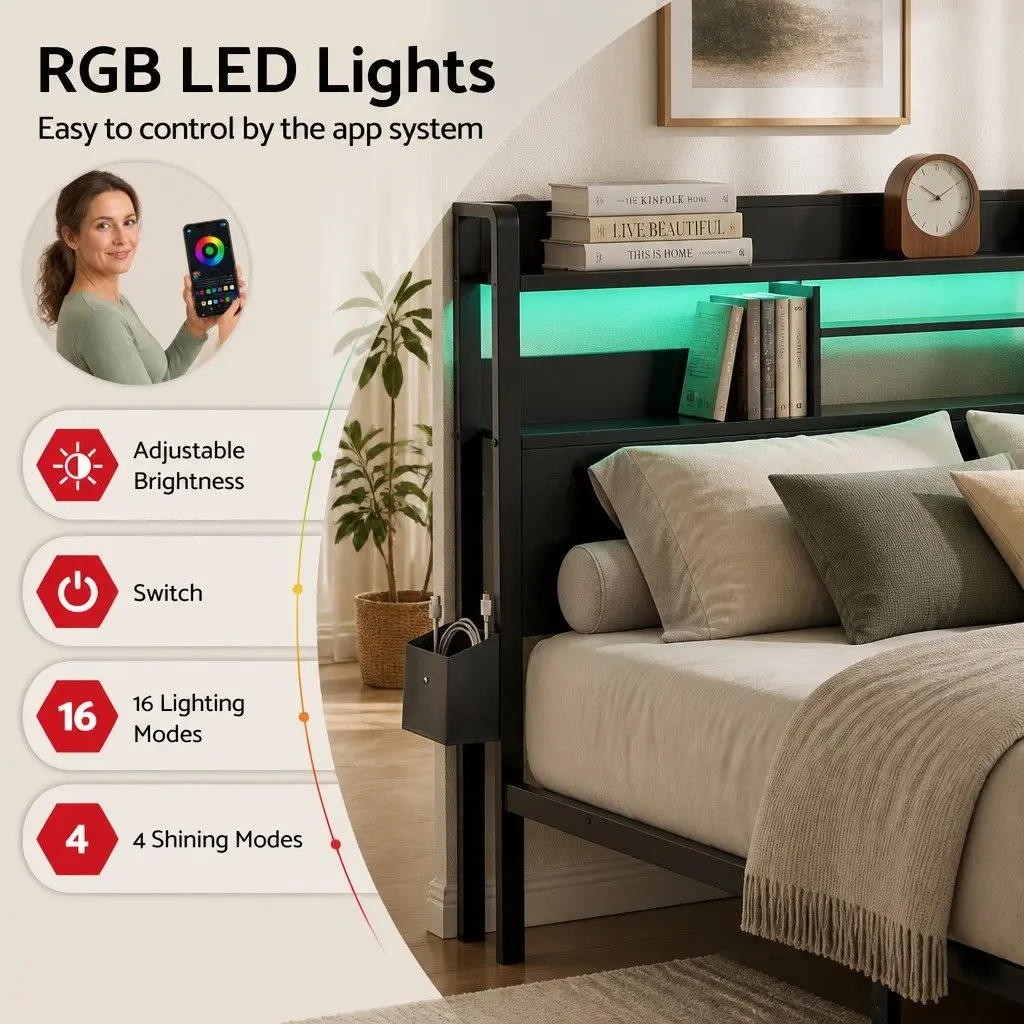 King Bed Frame Metal Base with Charging Station Storage Drawers LED Lights