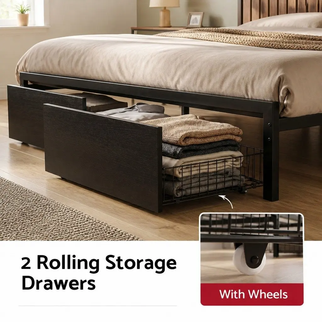 King Bed Frame Metal Base with Charging Station Storage Drawers LED Lights