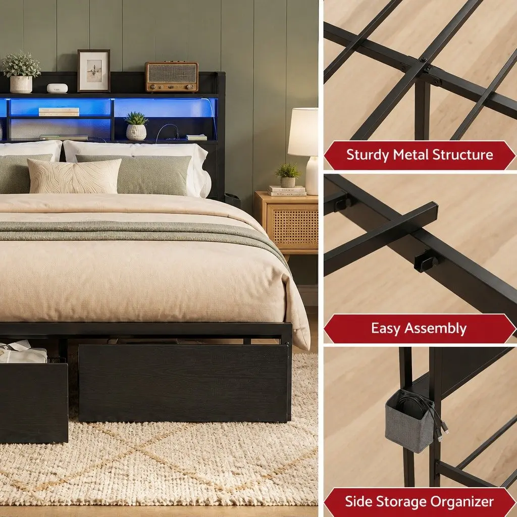 King Bed Frame Metal Base with Charging Station Storage Drawers LED Lights