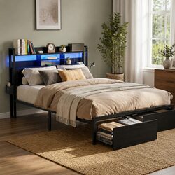 Queen Bed Frame with LED Storage Drawers
