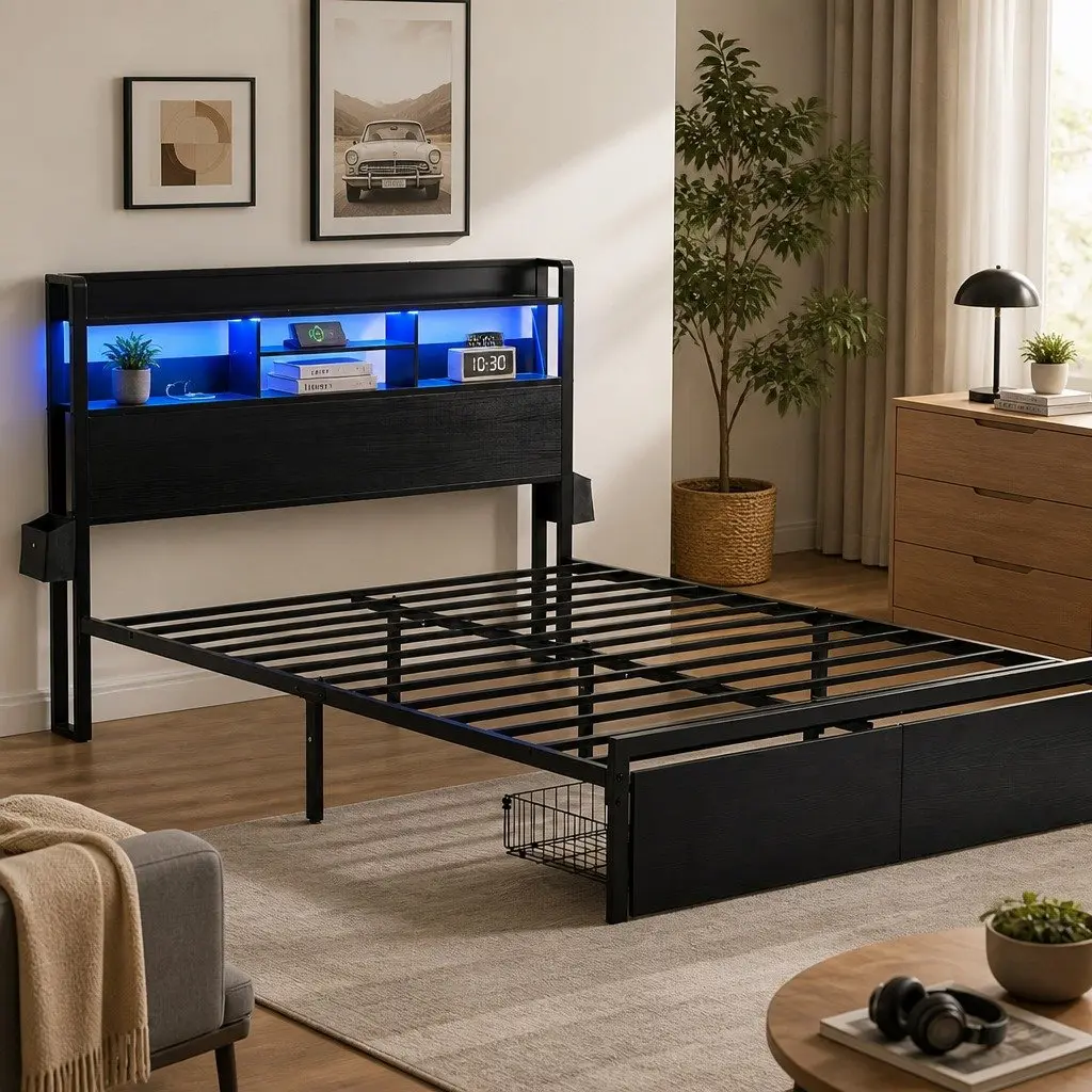 Queen Bed Frame Industrial Metal with Storage Drawers LED Charging Station MDF Headboard