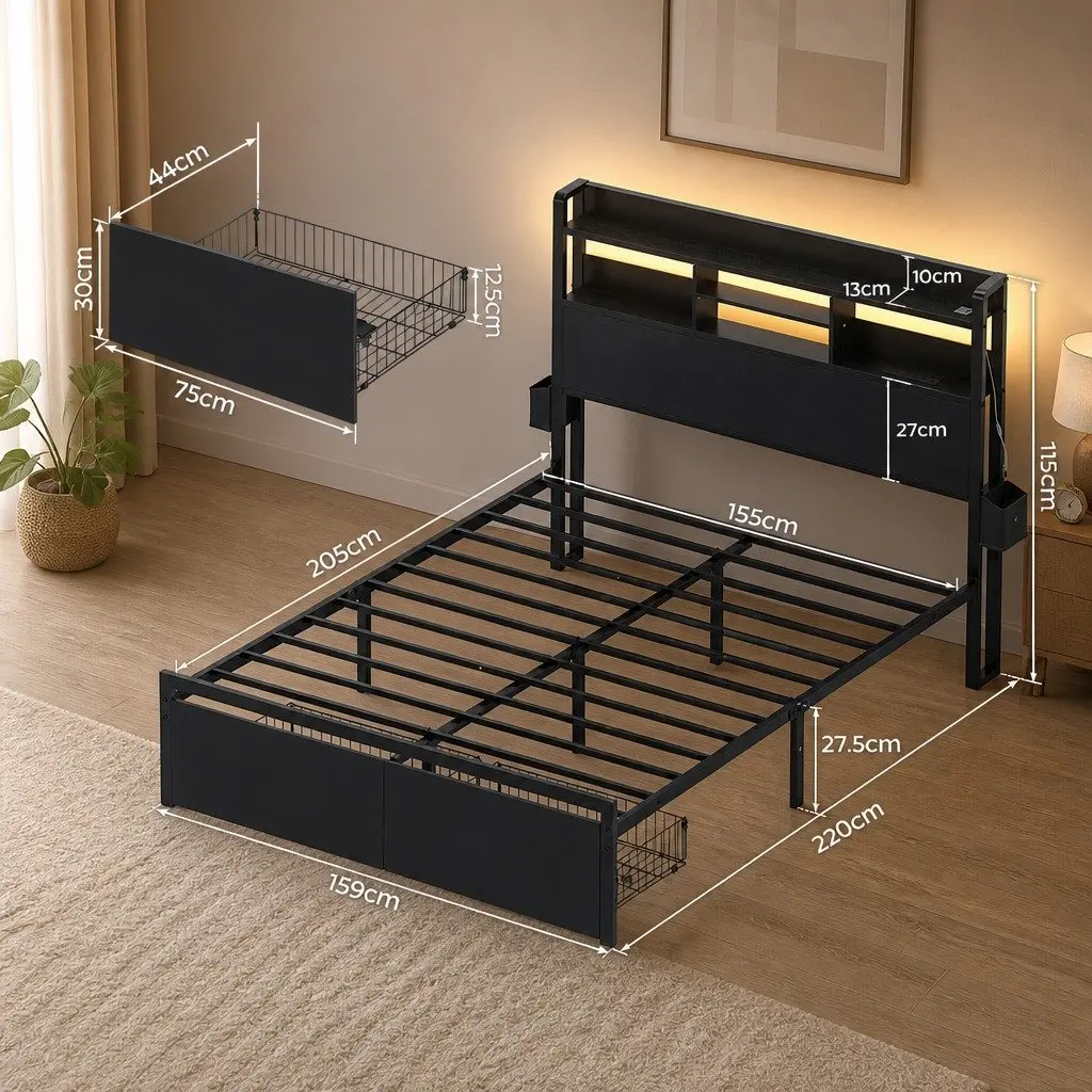 Queen Bed Frame Industrial Metal with Storage Drawers LED Charging Station MDF Headboard