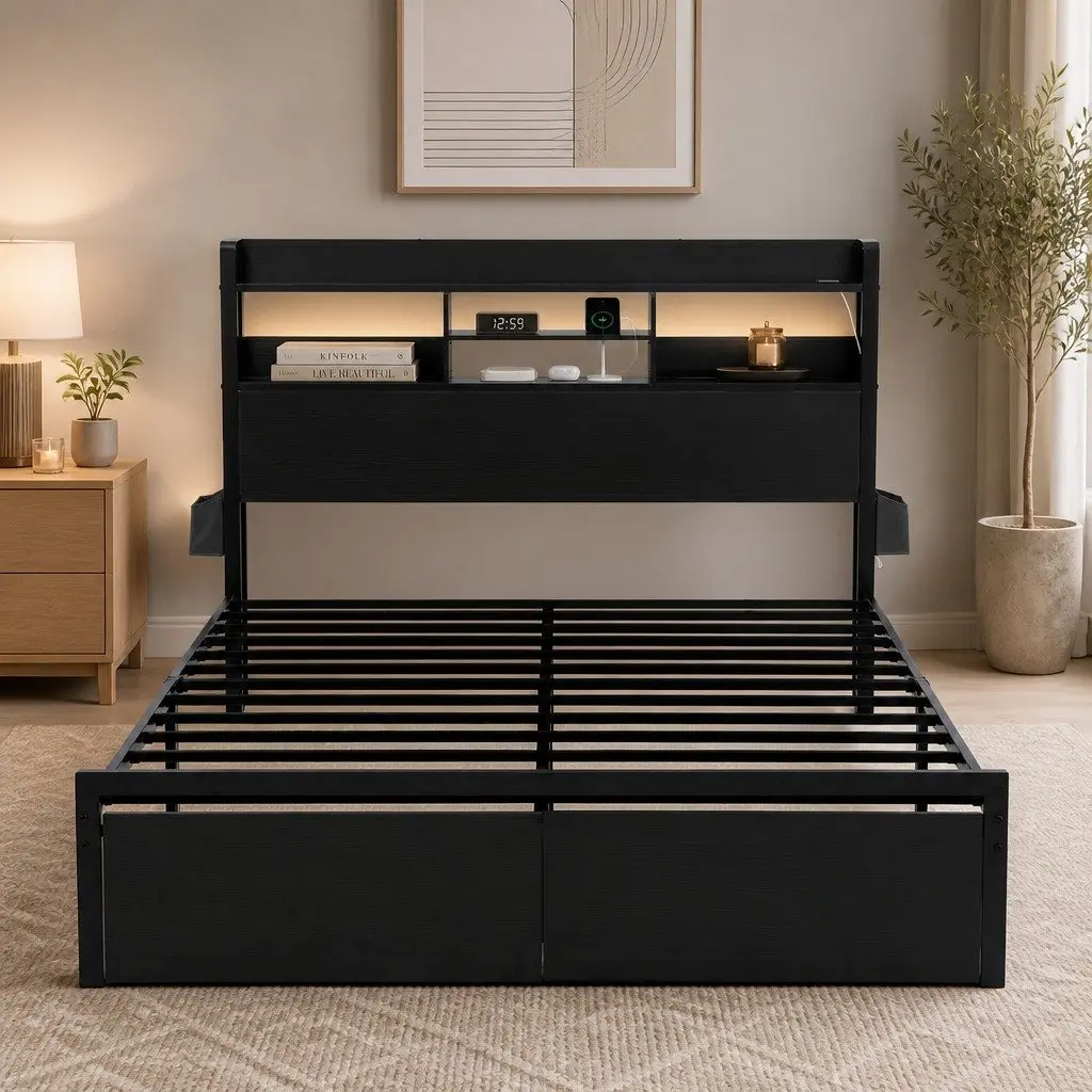 Queen Bed Frame Industrial Metal with Storage Drawers LED Charging Station MDF Headboard