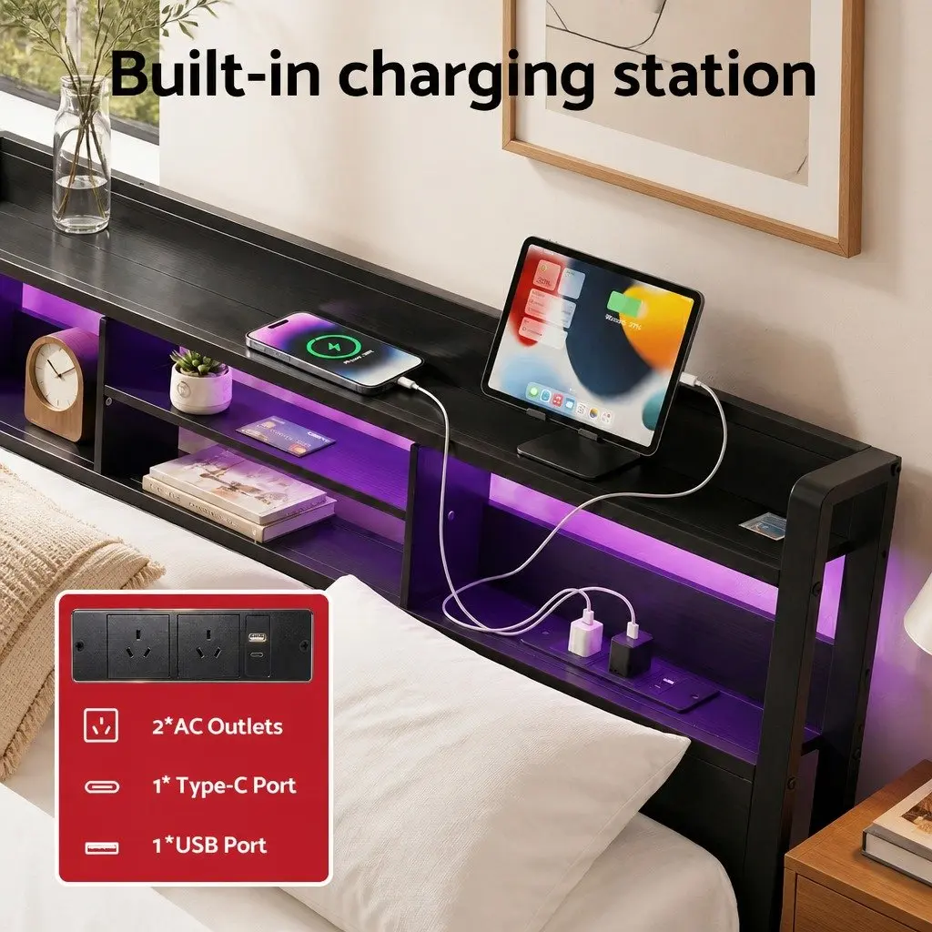Queen Bed Frame Industrial Metal with Storage Drawers LED Charging Station MDF Headboard