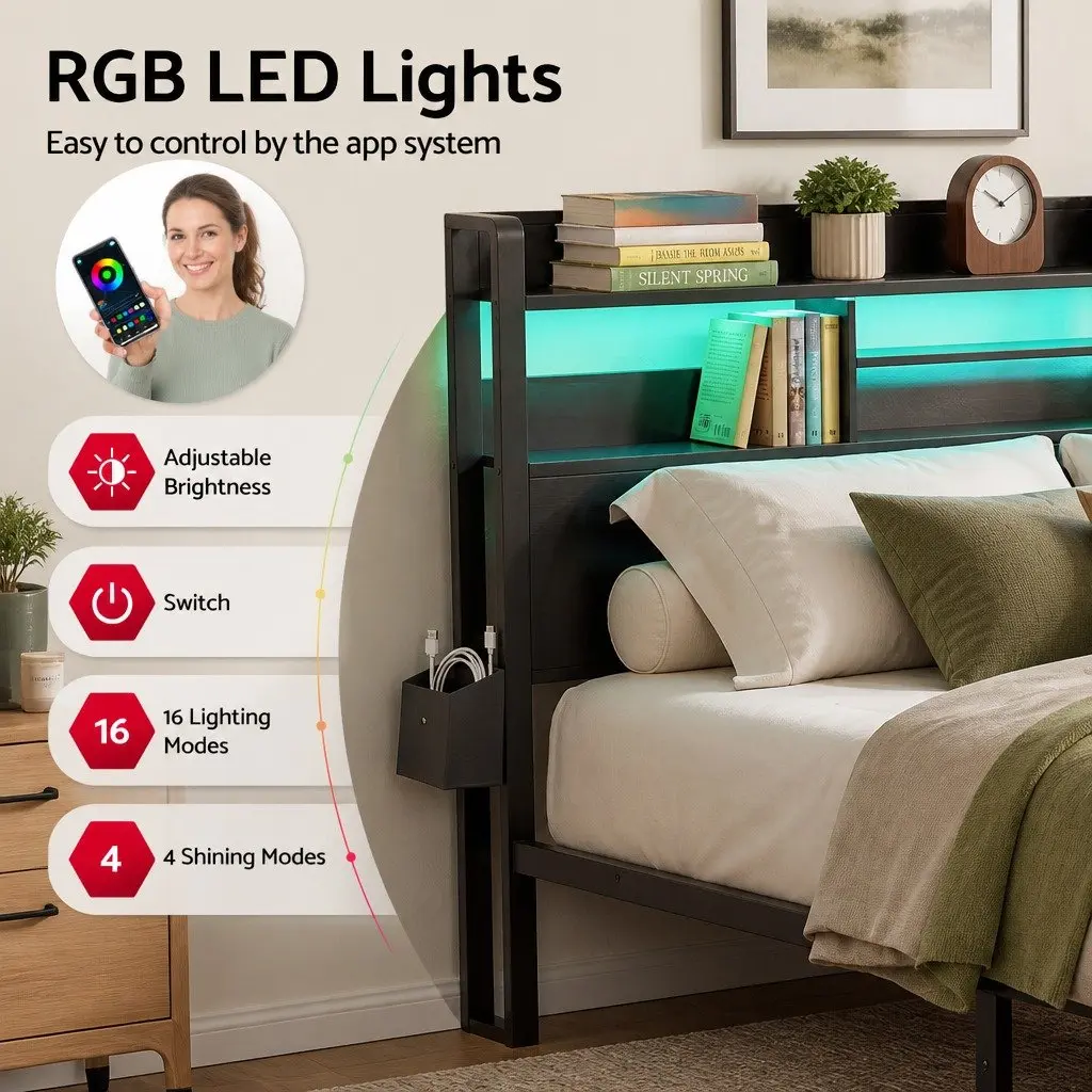 Queen Bed Frame Industrial Metal with Storage Drawers LED Charging Station MDF Headboard