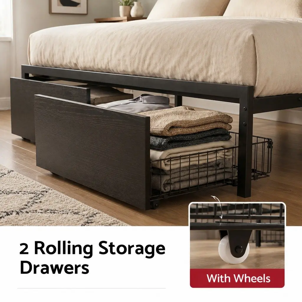 Queen Bed Frame Industrial Metal with Storage Drawers LED Charging Station MDF Headboard