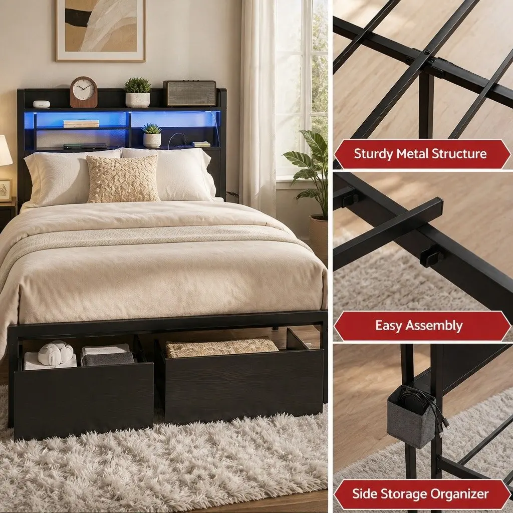 Queen Bed Frame Industrial Metal with Storage Drawers LED Charging Station MDF Headboard