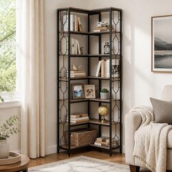 6 Tier L-Shaped Corner Bookshelf with Hexagonal Design