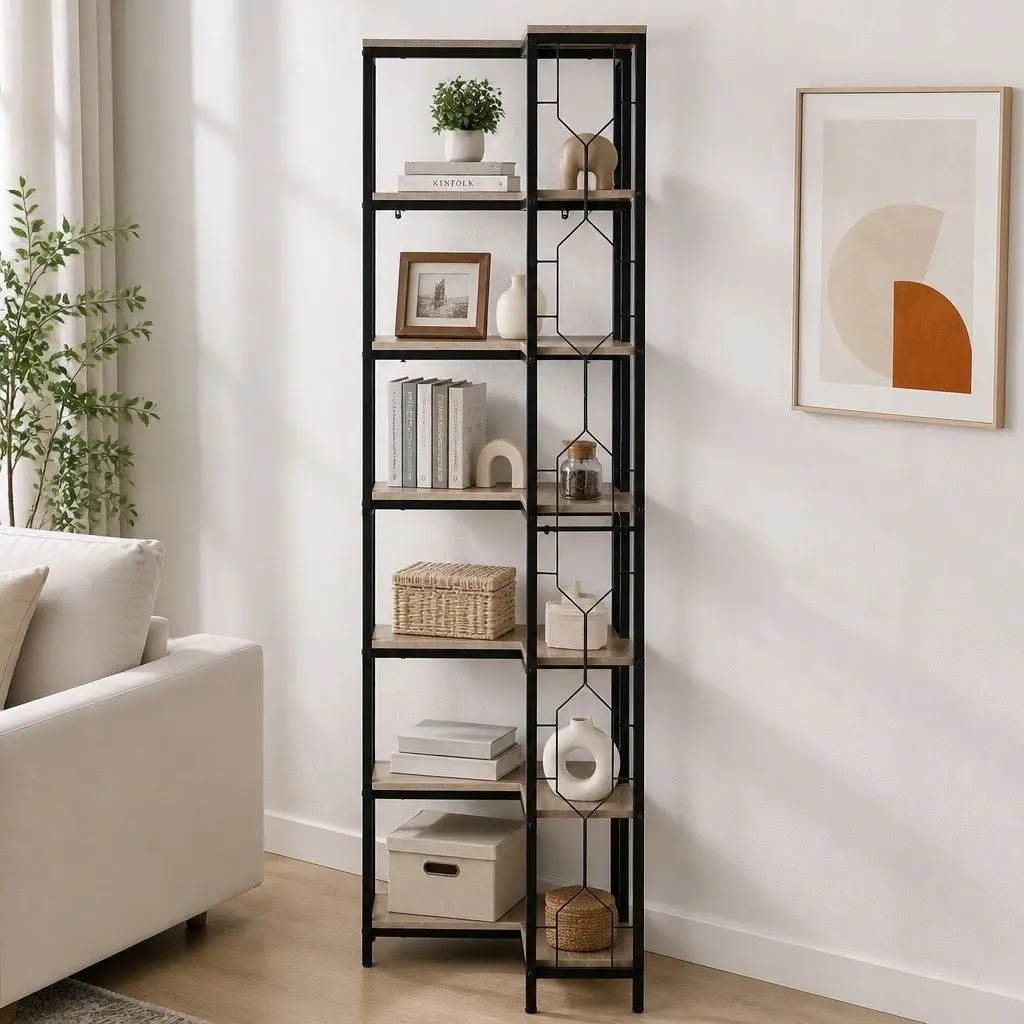 6 Tier L-Shaped Corner Bookshelf Hexagonal Design Display Storage Shelves Oak
