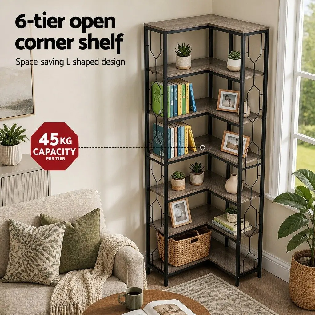 6 Tier L-Shaped Corner Bookshelf Hexagonal Design Display Storage Shelves Oak