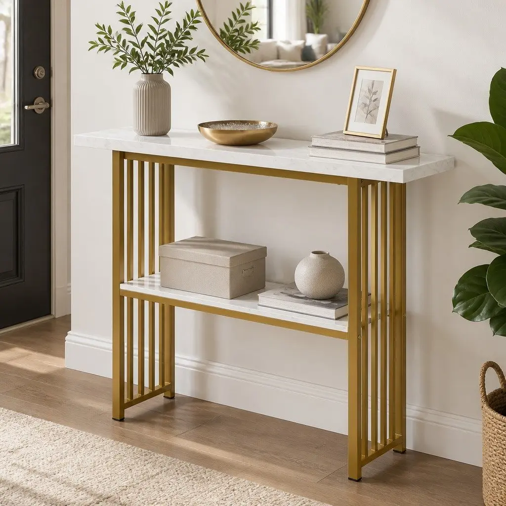 White Gold Marble Effect Console Table with 2-Tier Storage