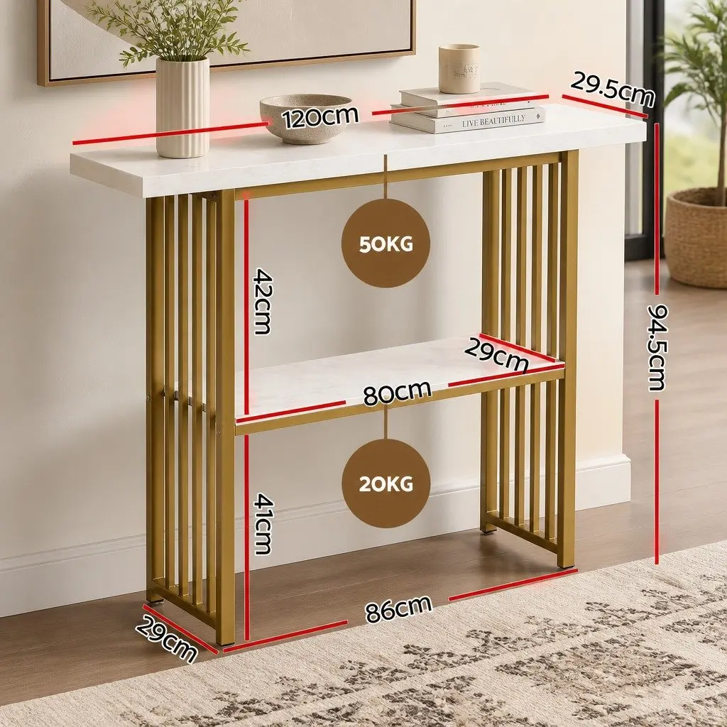White Gold Marble Effect Console Table with 2-Tier Storage