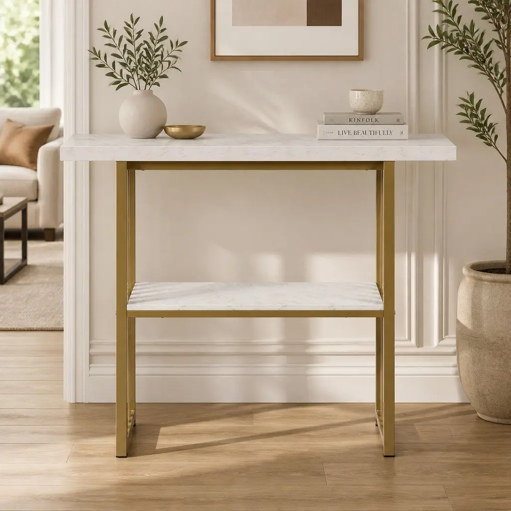 White Gold Marble Effect Console Table with 2-Tier Storage