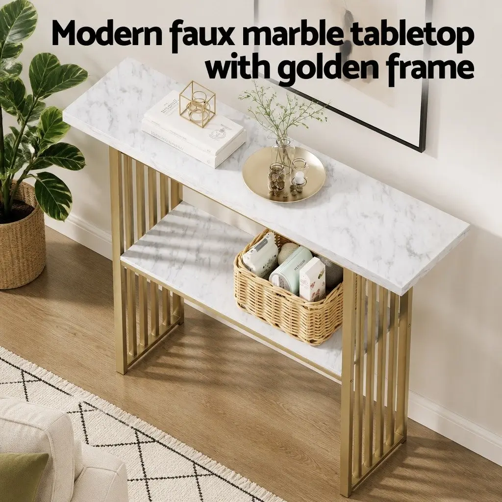 White Gold Marble Effect Console Table with 2-Tier Storage