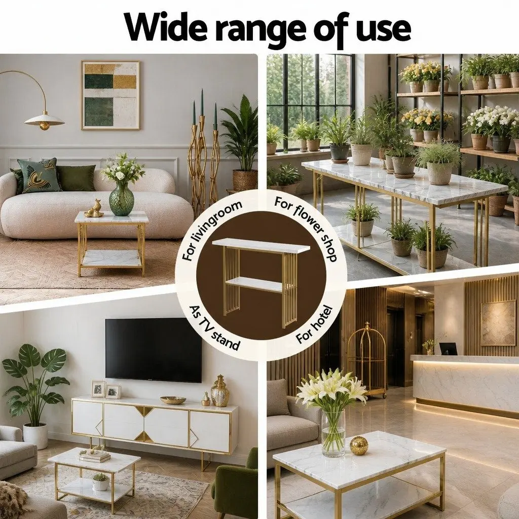 White Gold Marble Effect Console Table with 2-Tier Storage