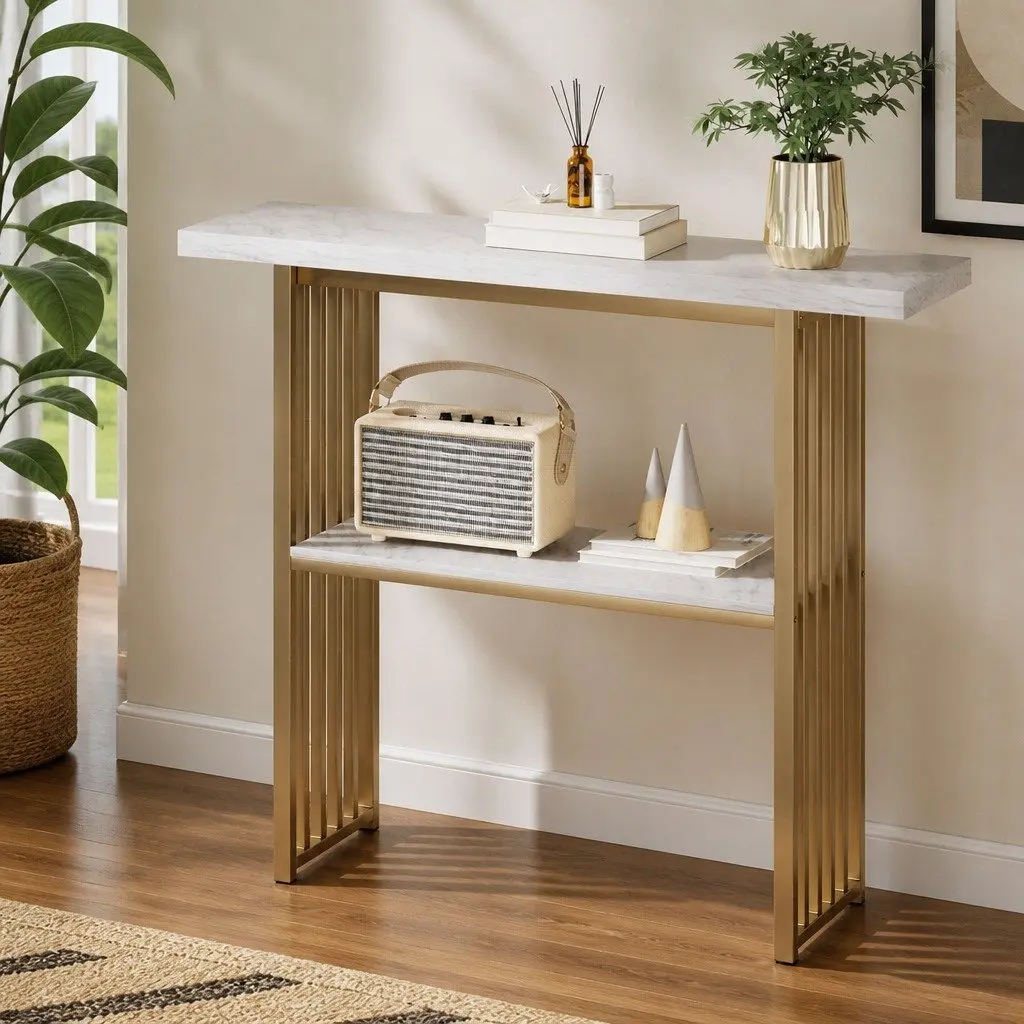 White Gold Marble Effect Console Table with 2-Tier Storage