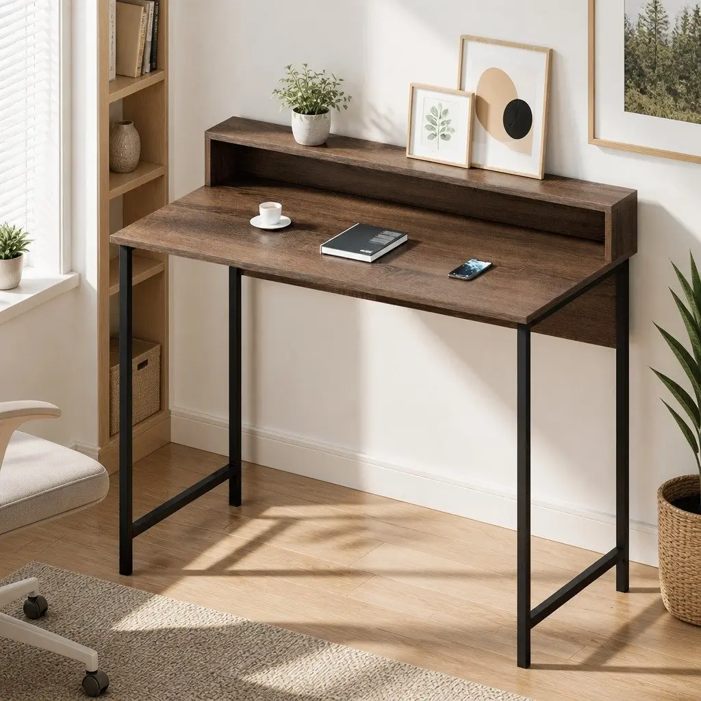 Computer Desk Oak Top 100cm Engineered Wood Steel Frame