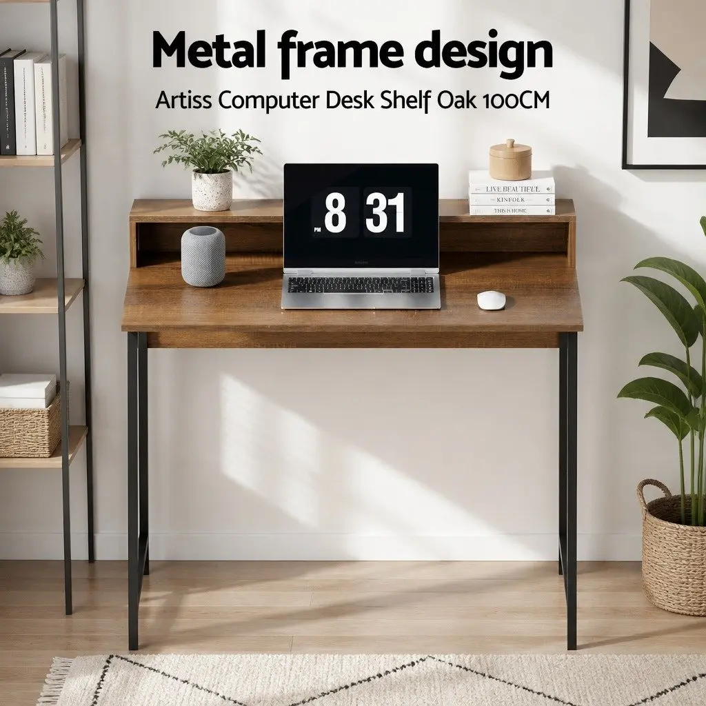 Computer Desk Oak Top 100cm Engineered Wood Steel Frame