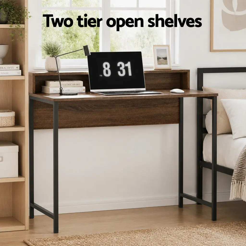 Computer Desk Oak Top 100cm Engineered Wood Steel Frame