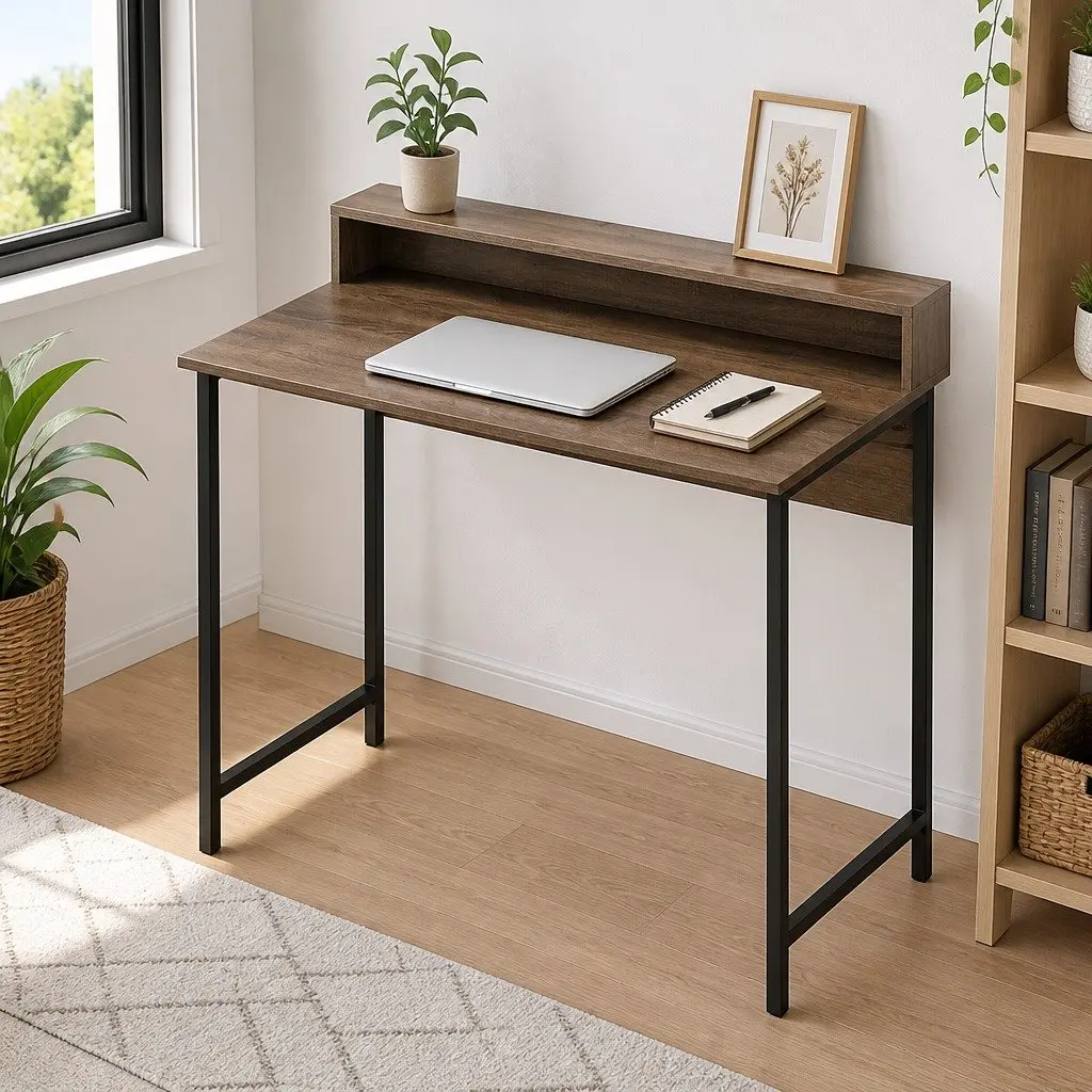 Computer Desk Oak Top 100cm Engineered Wood Steel Frame