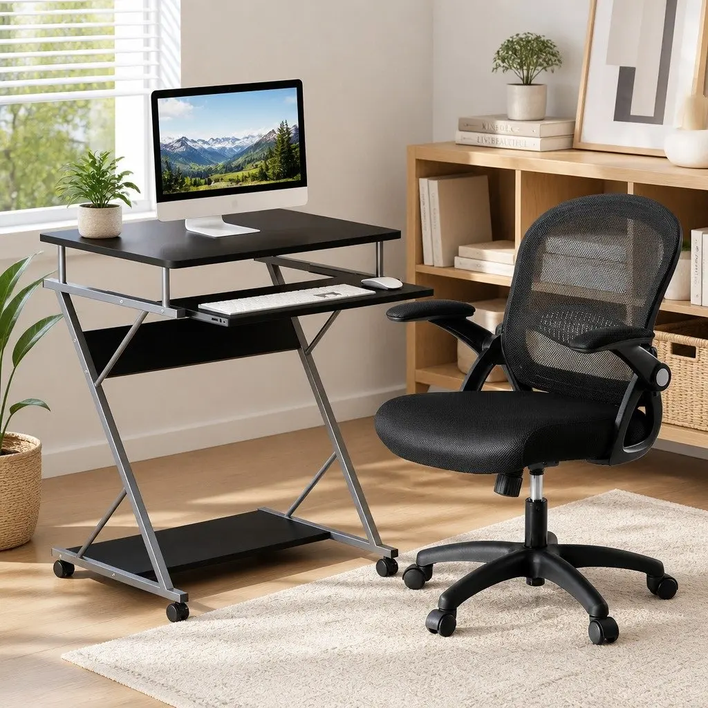 Computer Desk Office Chair Set with Keyboard Tray Mesh Swivel Black Home Office