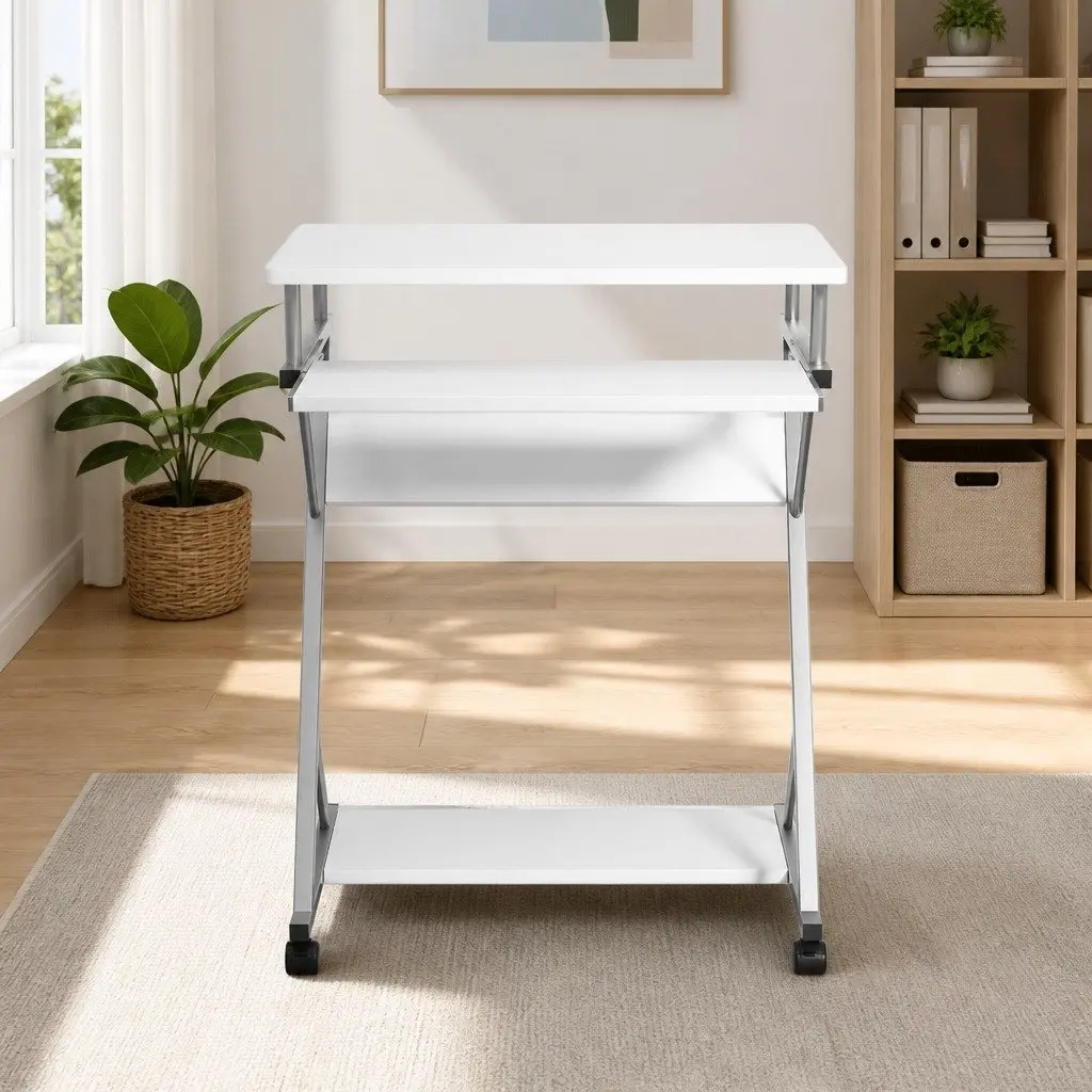 Computer Desk White 60cm Z-Shape Steel Frame with Keyboard Tray and Bottom Shelf