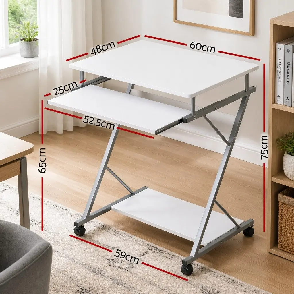 Computer Desk White 60cm Z-Shape Steel Frame with Keyboard Tray and Bottom Shelf