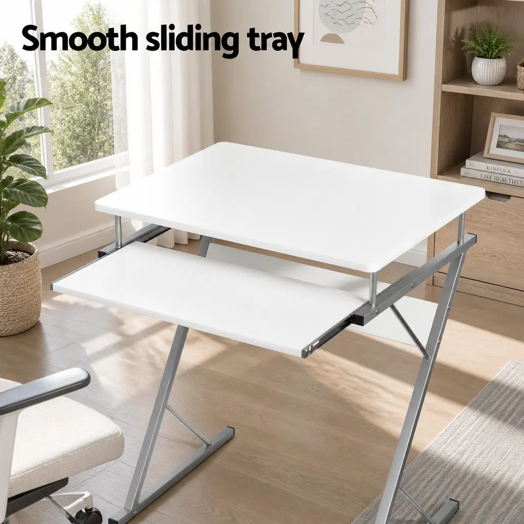 Computer Desk White 60cm Z-Shape Steel Frame with Keyboard Tray and Bottom Shelf