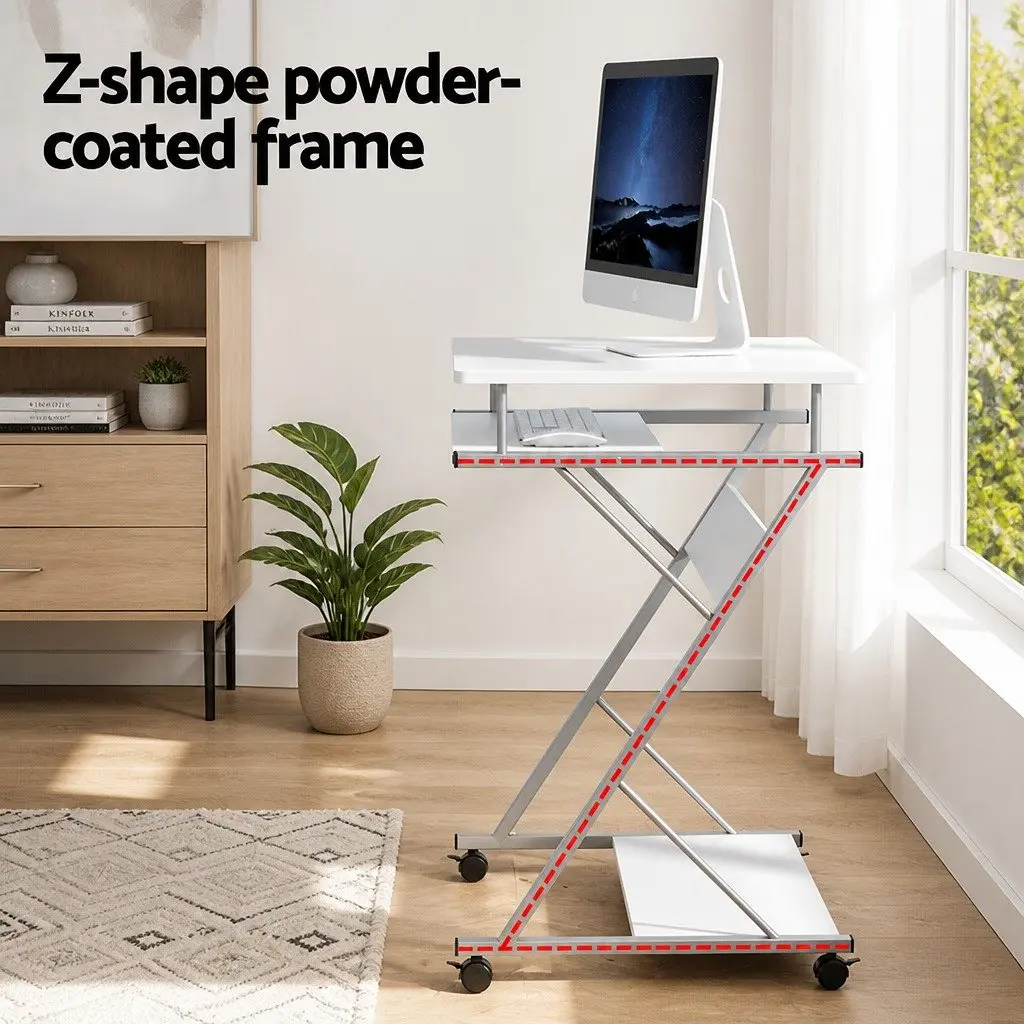 Computer Desk White 60cm Z-Shape Steel Frame with Keyboard Tray and Bottom Shelf