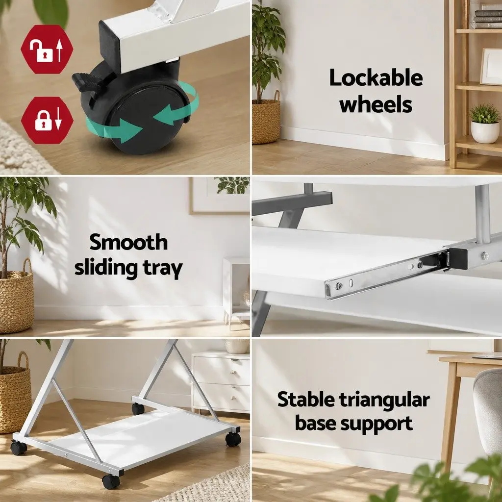 Computer Desk White 60cm Z-Shape Steel Frame with Keyboard Tray and Bottom Shelf