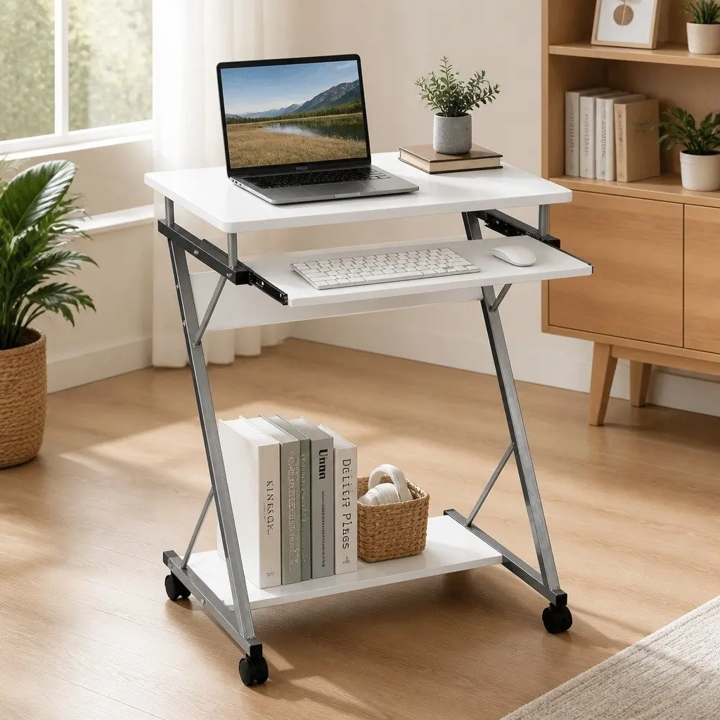 Computer Desk White 60cm Z-Shape Steel Frame with Keyboard Tray and Bottom Shelf