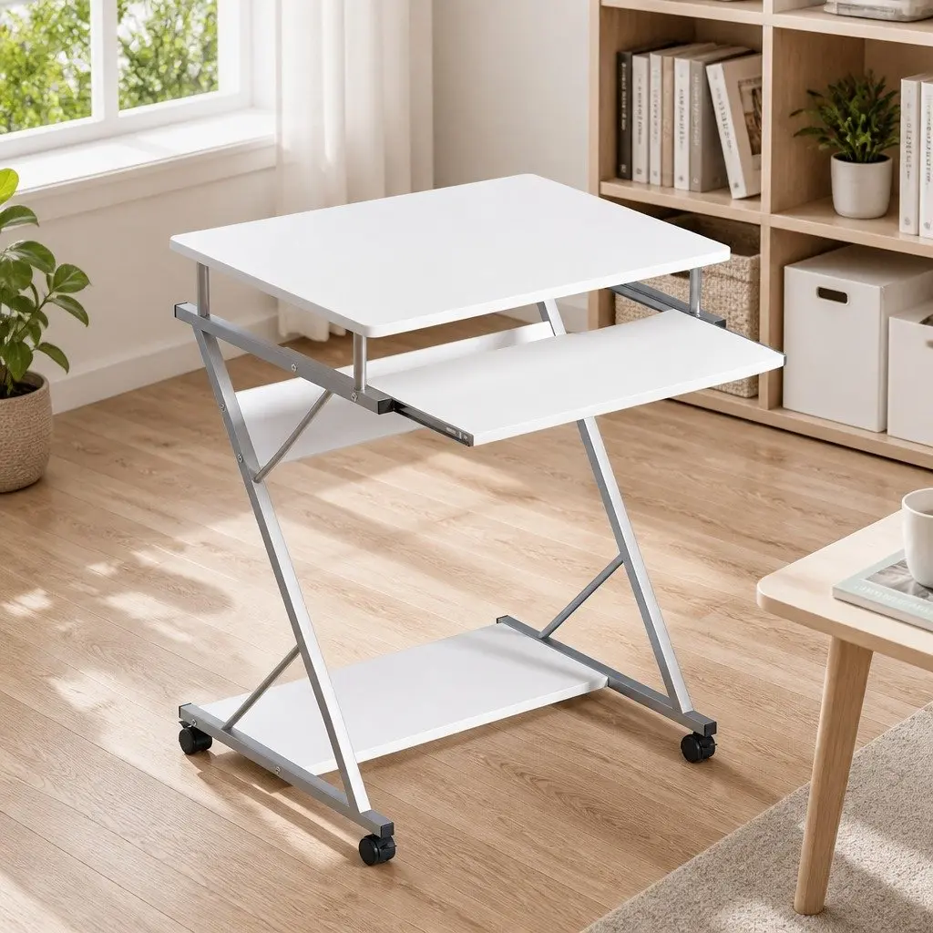 Computer Desk White 60cm Z-Shape Steel Frame with Keyboard Tray and Bottom Shelf
