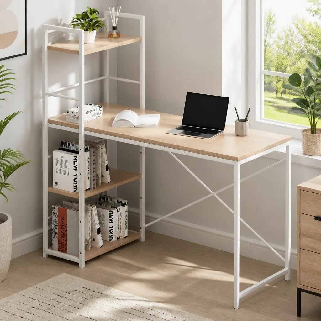 Computer Desk Oak White Frame 120CM Engineered Wood with Shelves
