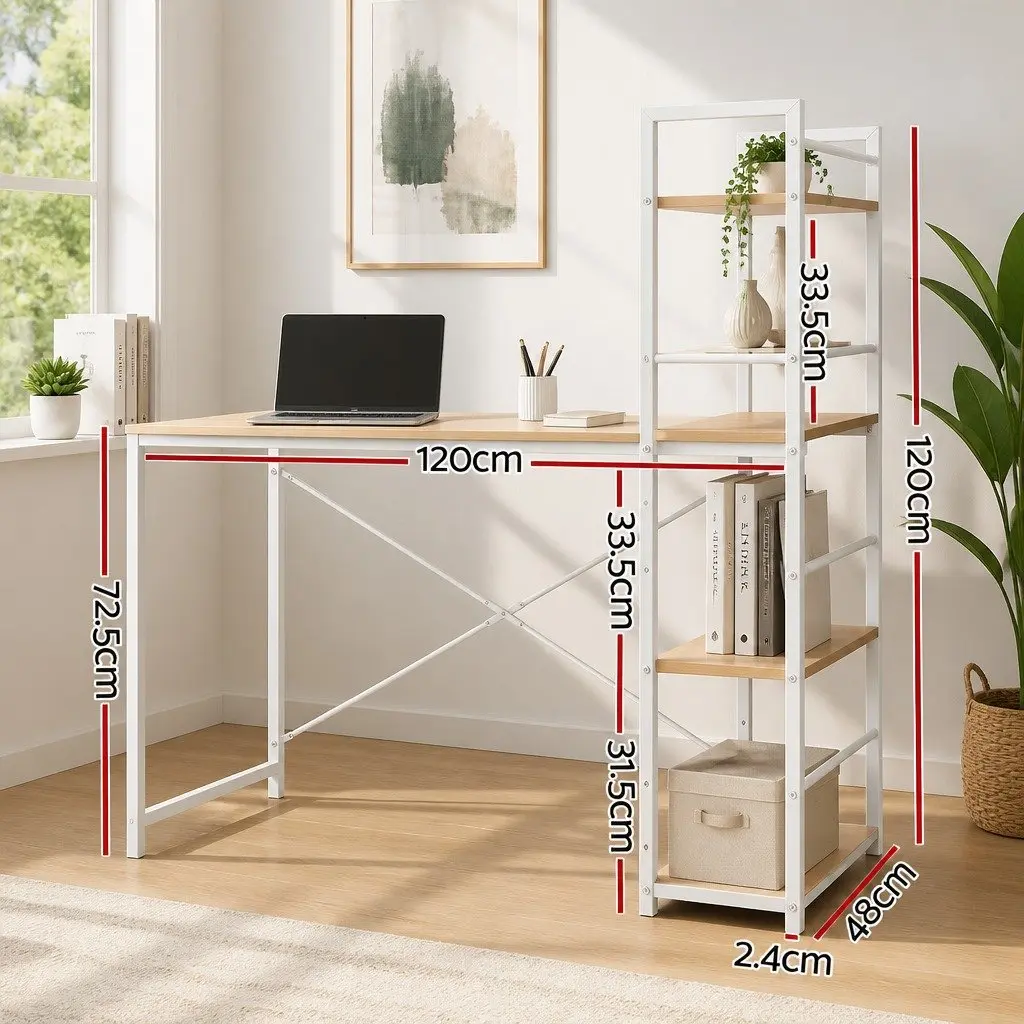Computer Desk Oak White Frame 120CM Engineered Wood with Shelves