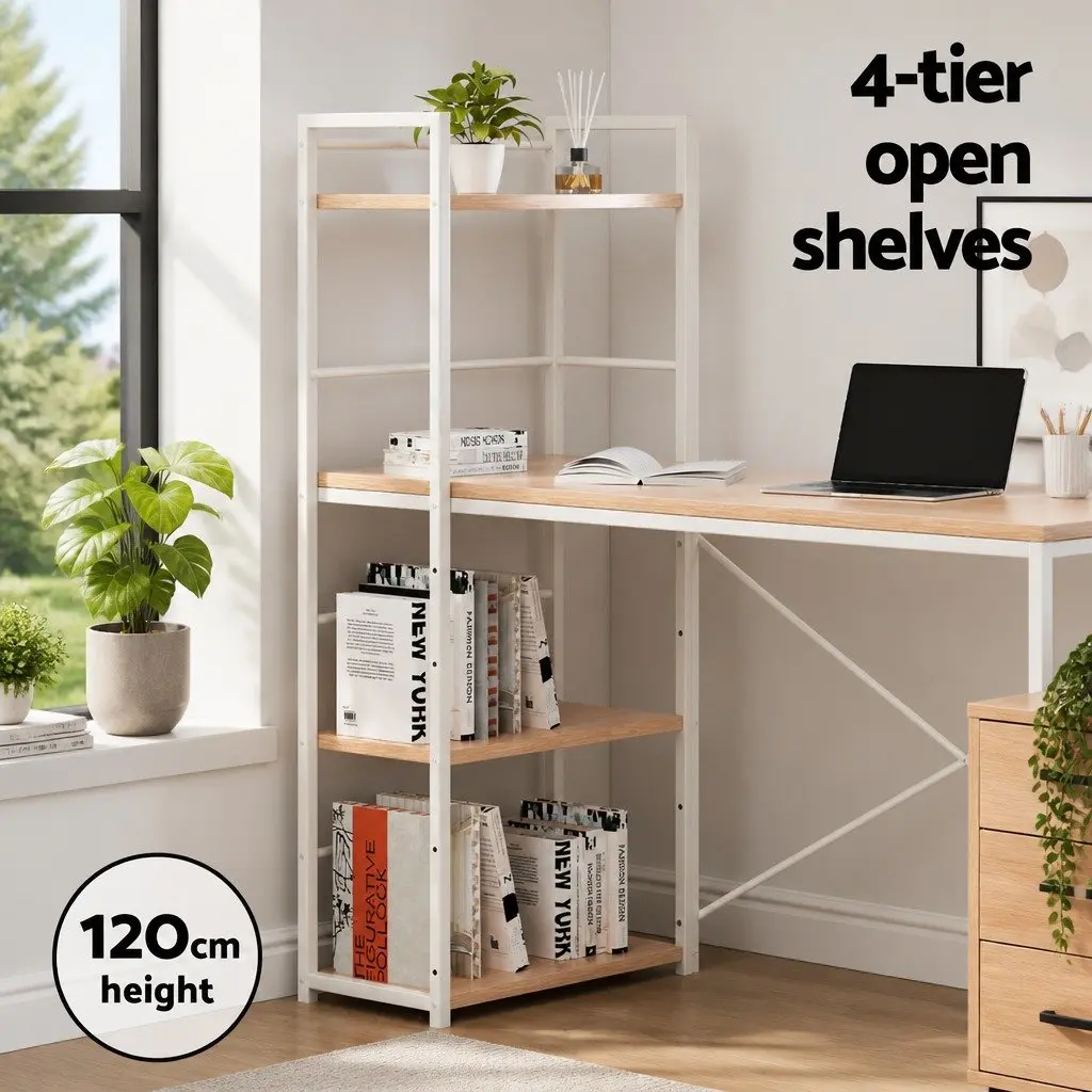 Computer Desk Oak White Frame 120CM Engineered Wood with Shelves