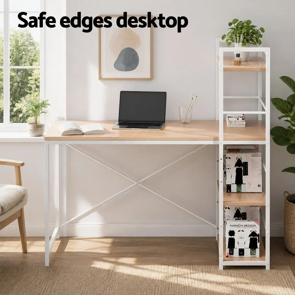 Computer Desk Oak White Frame 120CM Engineered Wood with Shelves