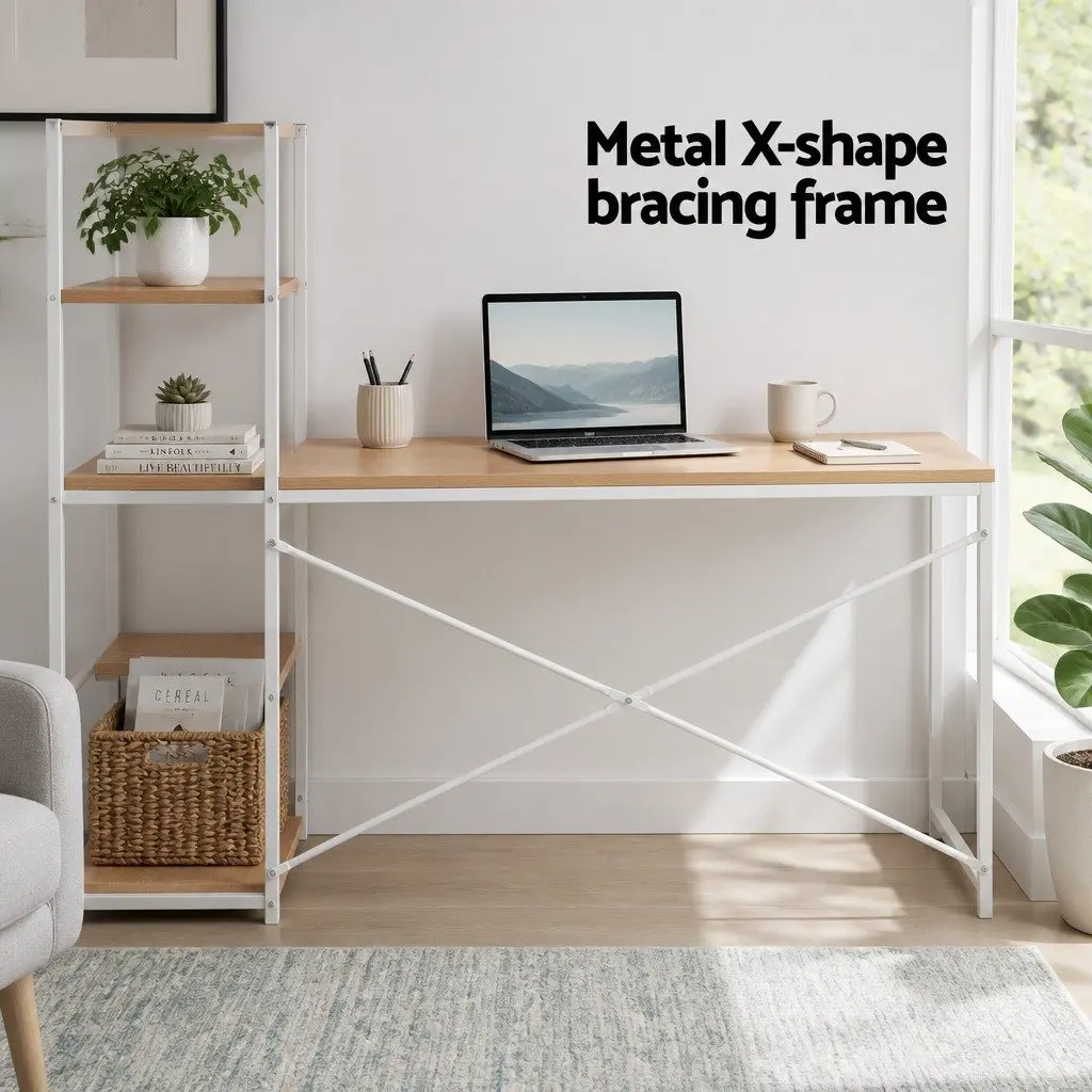 Computer Desk Oak White Frame 120CM Engineered Wood with Shelves