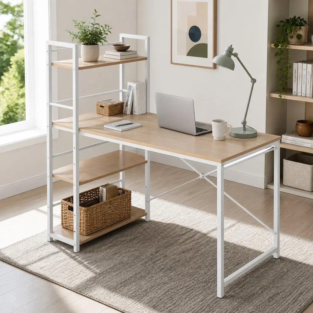 Computer Desk Oak White Frame 120CM Engineered Wood with Shelves