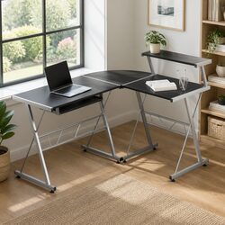 L-Shape Computer Desk with Keyboard Tray in Black