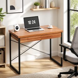 Walnut and Black Computer Desk with 2 Drawers