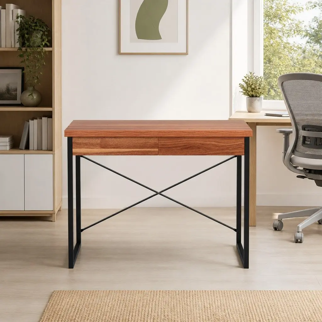 Walnut and Black Computer Desk with 2 Drawers