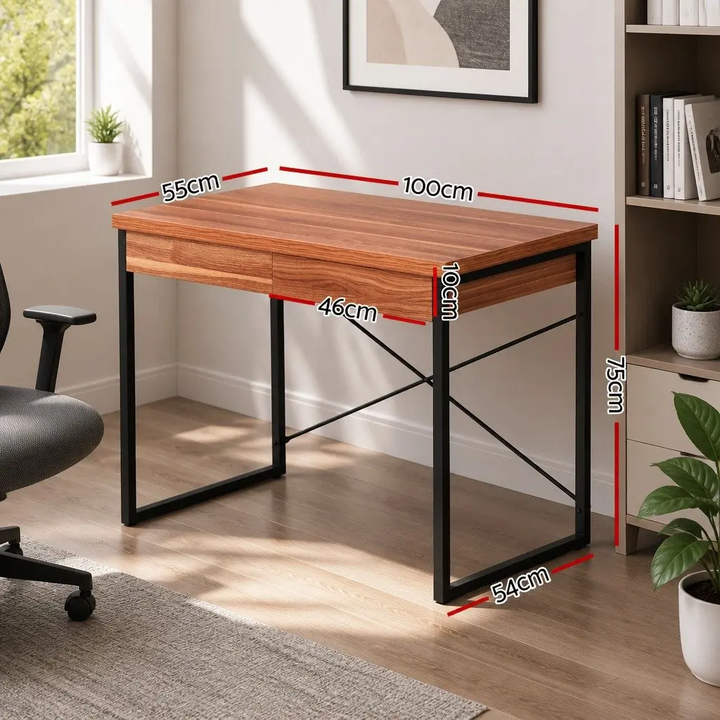 Walnut and Black Computer Desk with 2 Drawers