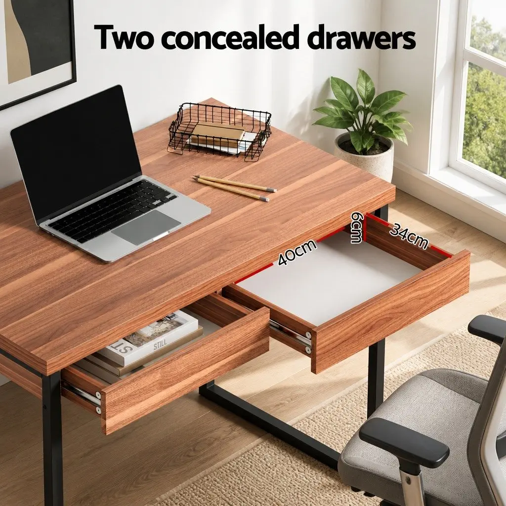 Walnut and Black Computer Desk with 2 Drawers