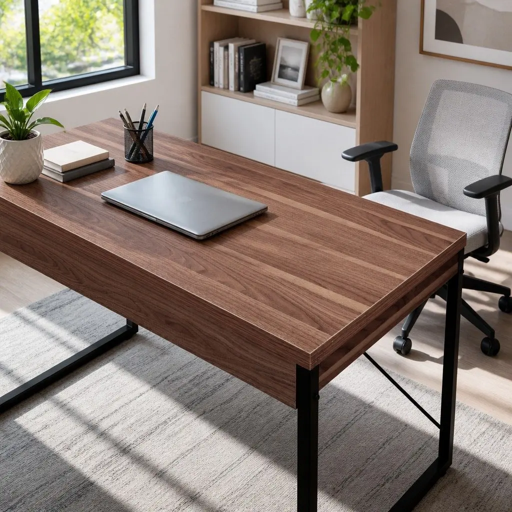 Walnut and Black Computer Desk with 2 Drawers