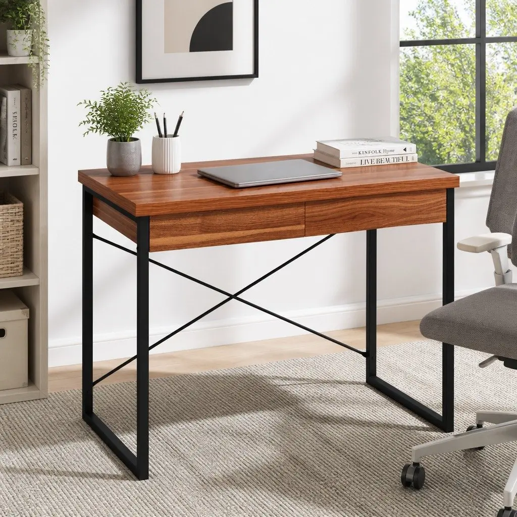 Walnut and Black Computer Desk with 2 Drawers