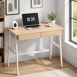 Oak White Computer Desk with Drawers for Home Office