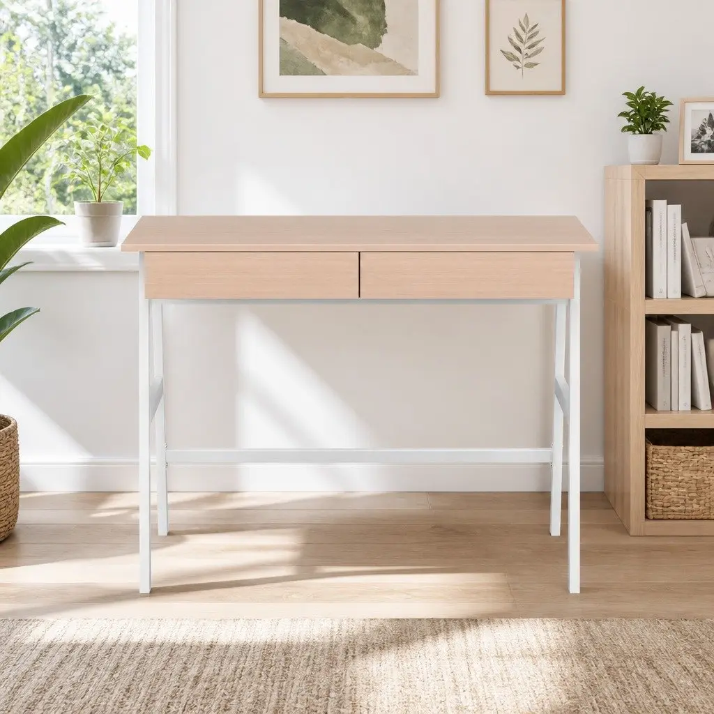 Oak White Computer Desk with Drawers for Home Office
