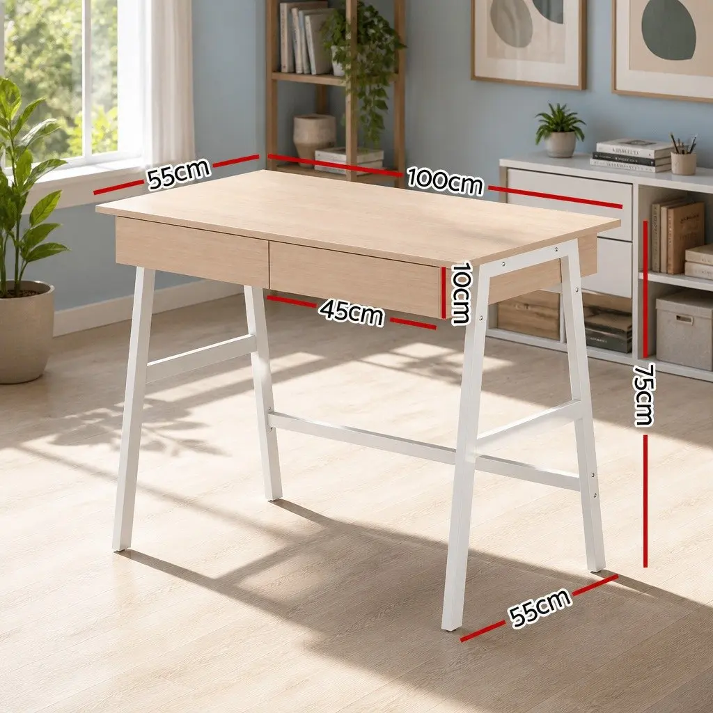 Oak White Computer Desk with Drawers for Home Office