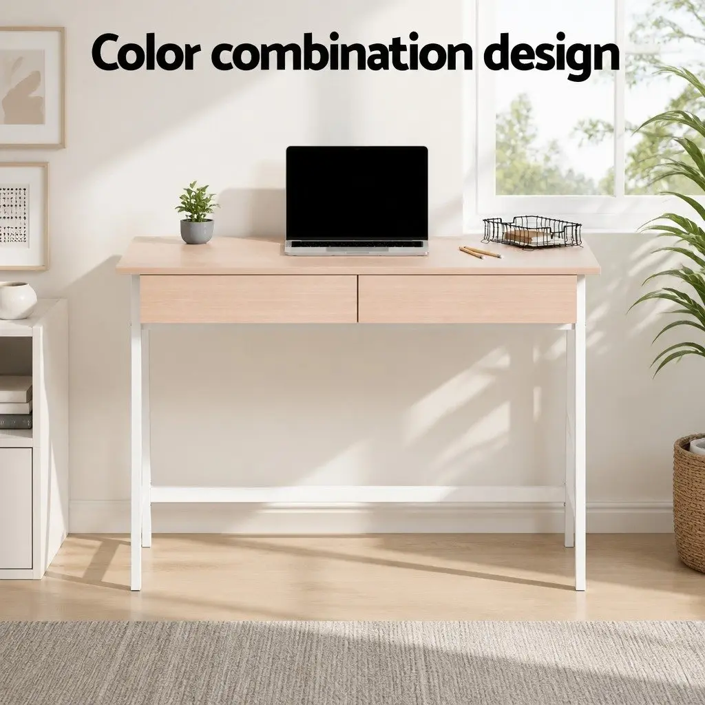 Oak White Computer Desk with Drawers for Home Office